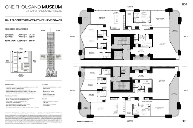 One Thousand Museum — Half Floor Residence Zone 2 Levels 26-33